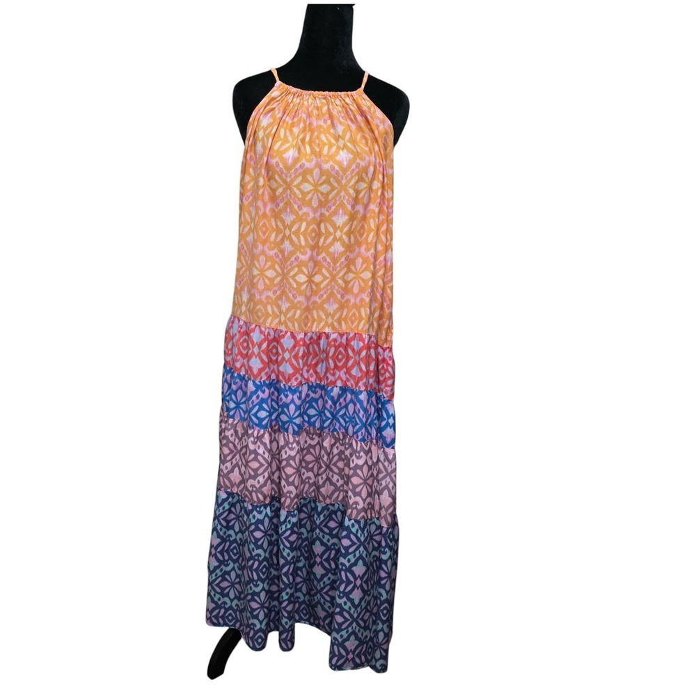 Xirena Maxi Dress XS Multicolor Boho Halter Sundress Cotton Silk Blend Festival